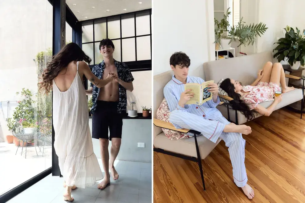 LUCÍA Y CAE: PIJAMA CON SHORT, PIJAMA DE MANGAS LARGAS (SIESTA PIJAMAS, $39.990 Y $34.800).