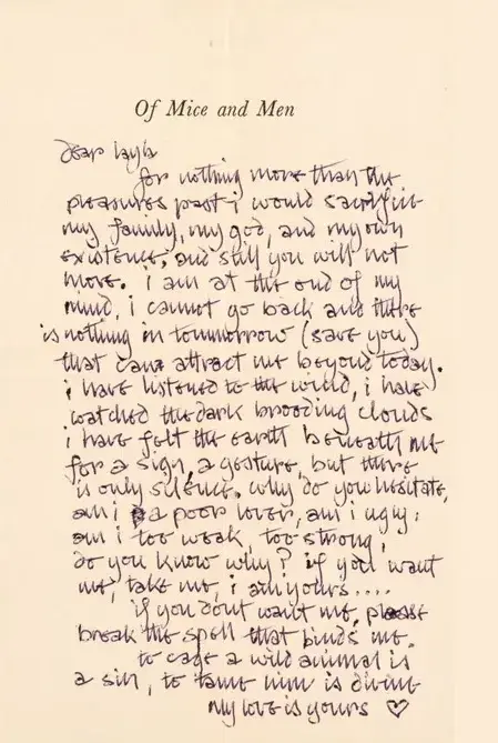 Una carta de amor escrita a mano de Eric Clapton a Pattie Boyd, alrededor de 1970.