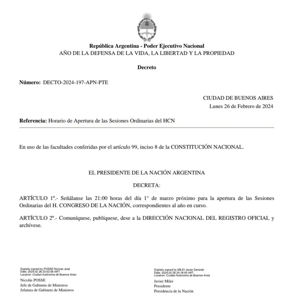 El comunicado anunciando la apertura de sesiones 2024.