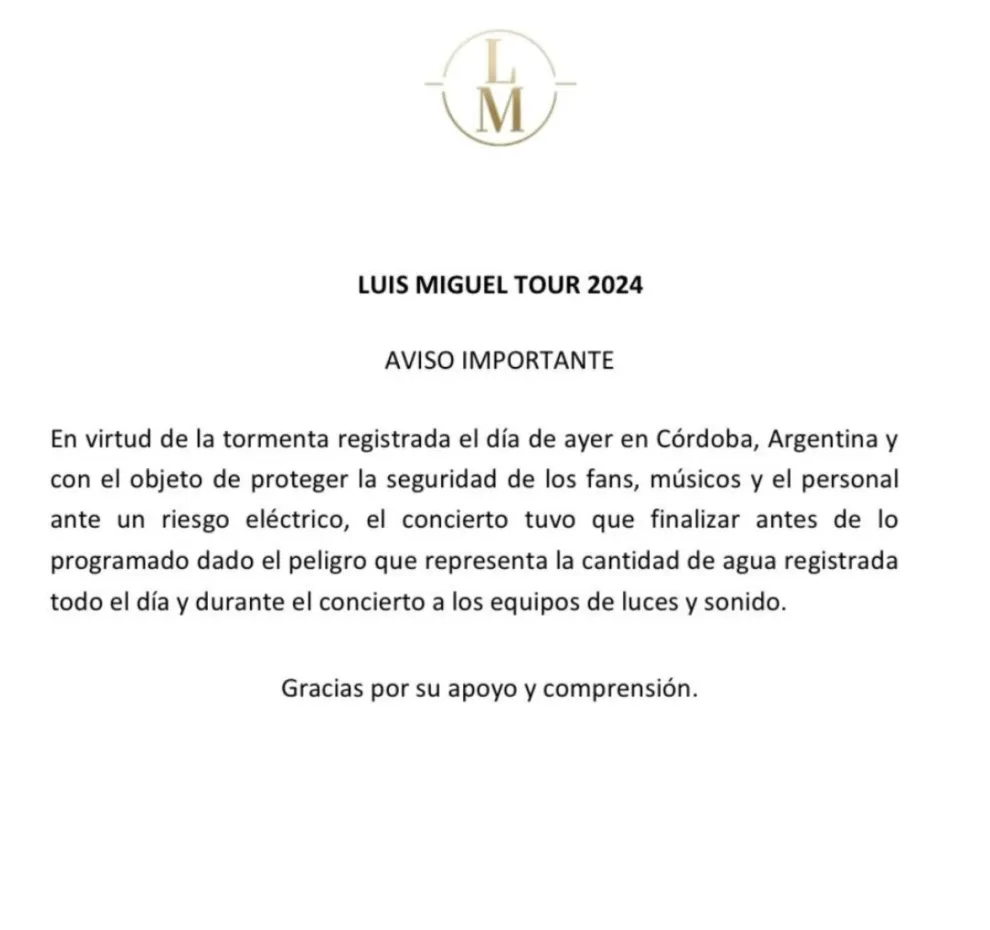 El comunicado oficial de Luis Miguel tras la suspensión del show en Córdoba.