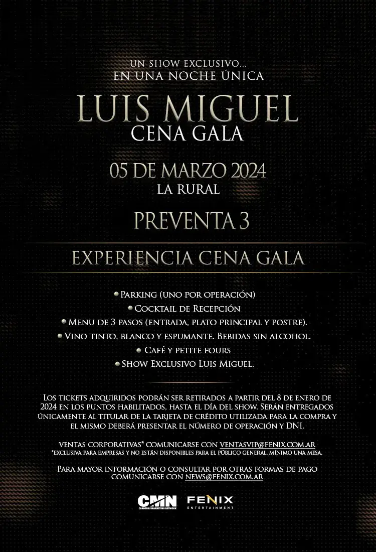 El anuncio de la cena de gala de Luis Miguel en Argentina.