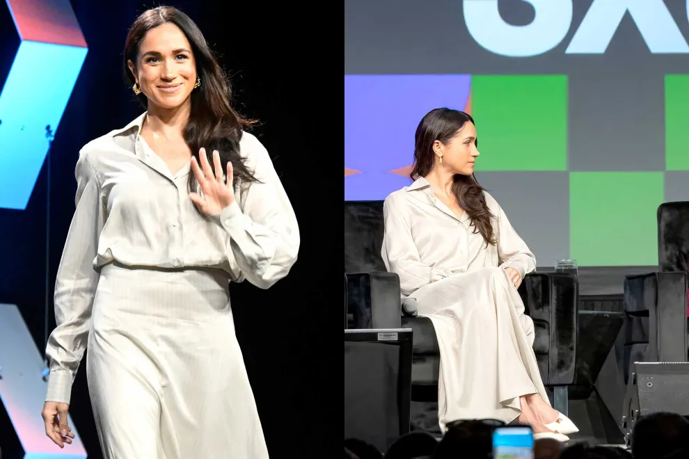 Meghan Markle optó una camisa de seda color marfil, de la y una falda de seda a rayas. Ambas prendas pertenecían a la firma Guiliva Heritage