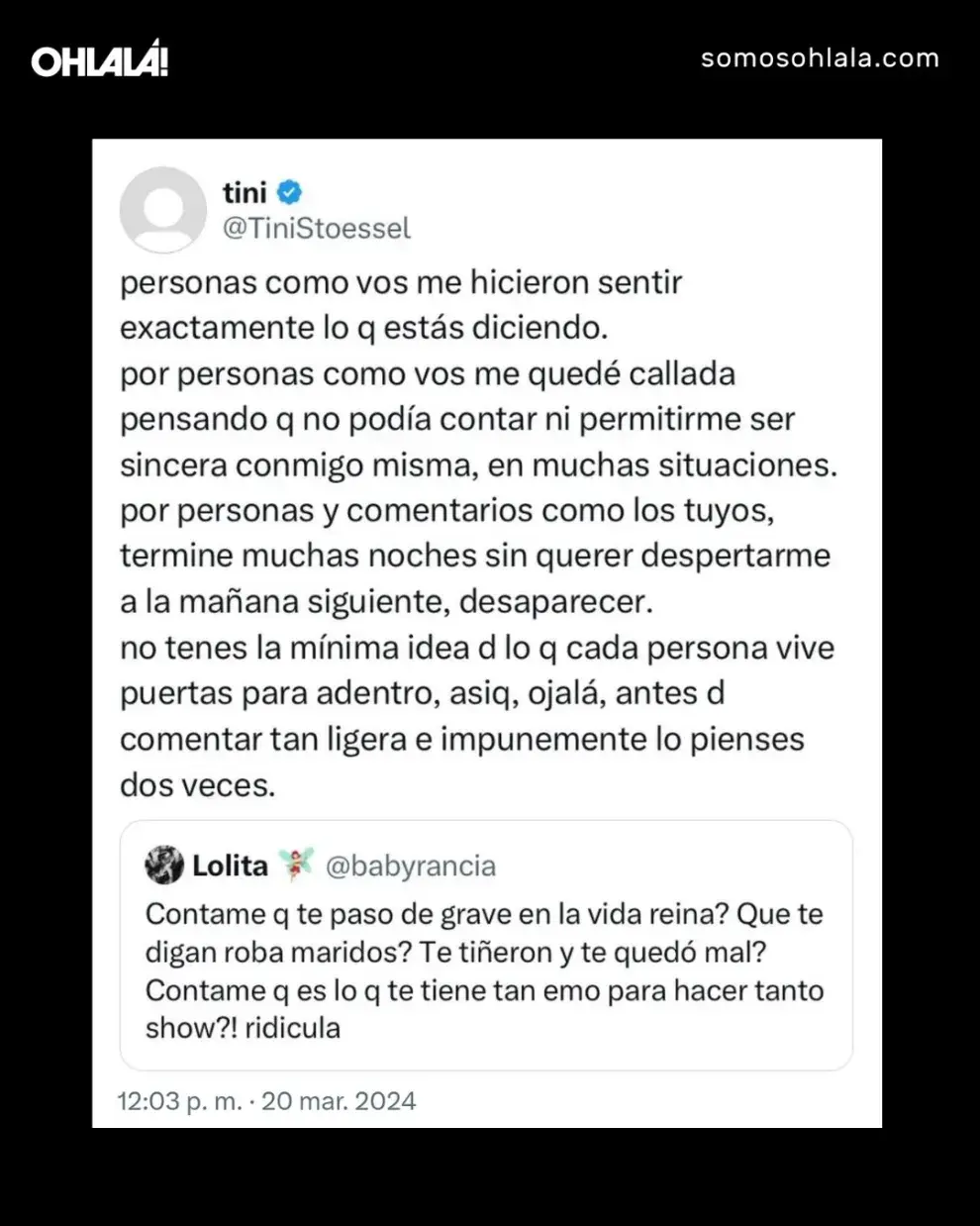 La respuesta de Tini Stoessel a un usuario en X (exTwitter).