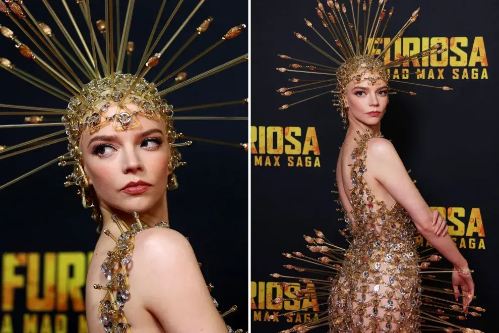 En dorado y con transparencias, Anya Taylor-Joy eligió un look súper extravagante para el estreno de Furiosa.