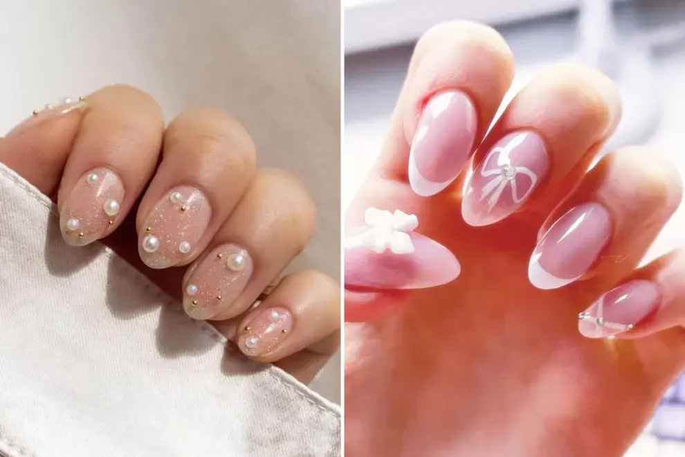 Uñas coquette con moños y perlas.