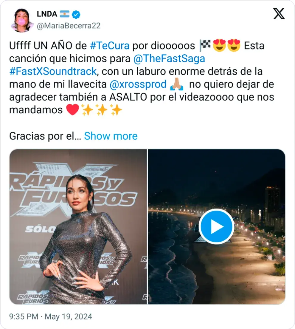 María Becerra recordó en sus redes sociales el estreno de Te cura.