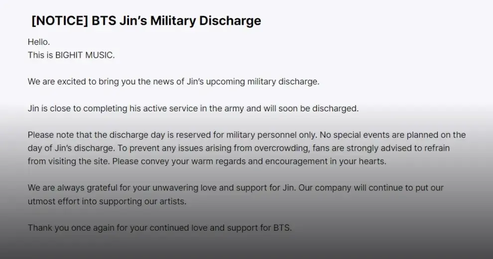 El comunicado de BIGHIT Music sobre la finalización del servicio militar de Jin de BTS.