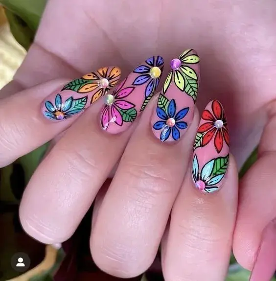 Flores de colores ilustradas con piedras que simulan el centro de la flor, dándole un toque 3D al diseño.