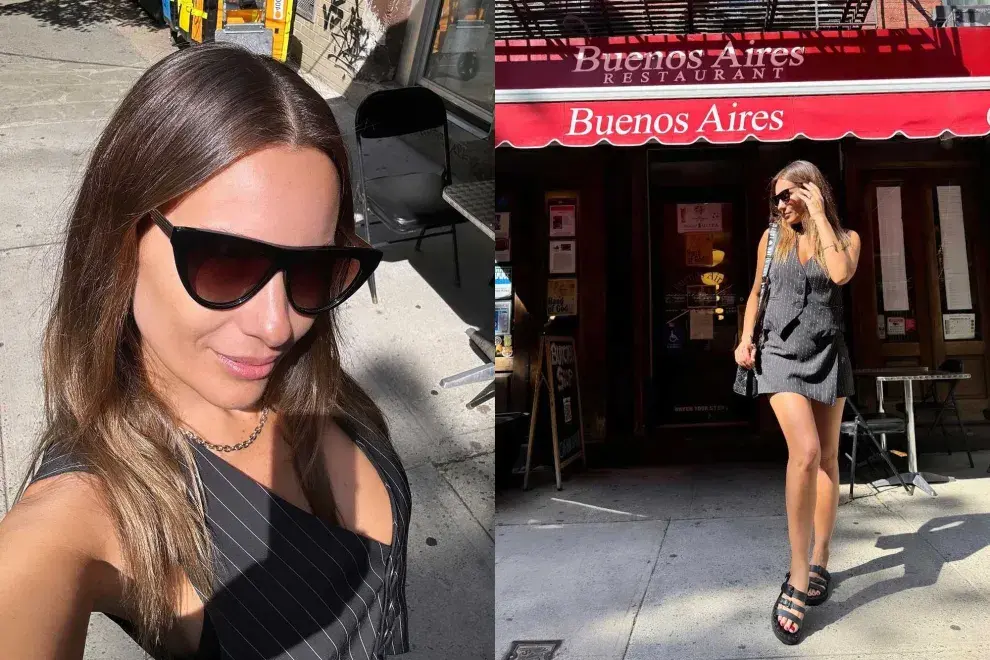 Pampita apostó por un conjunto de dos piezas: un chaleco con botones frontales a rayas y una falda con tapa del mismo género