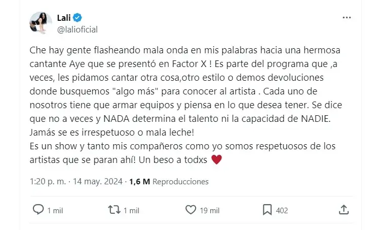 El tuit de Lali Espósito respondiendo a las críticas por su rol en Factor X.