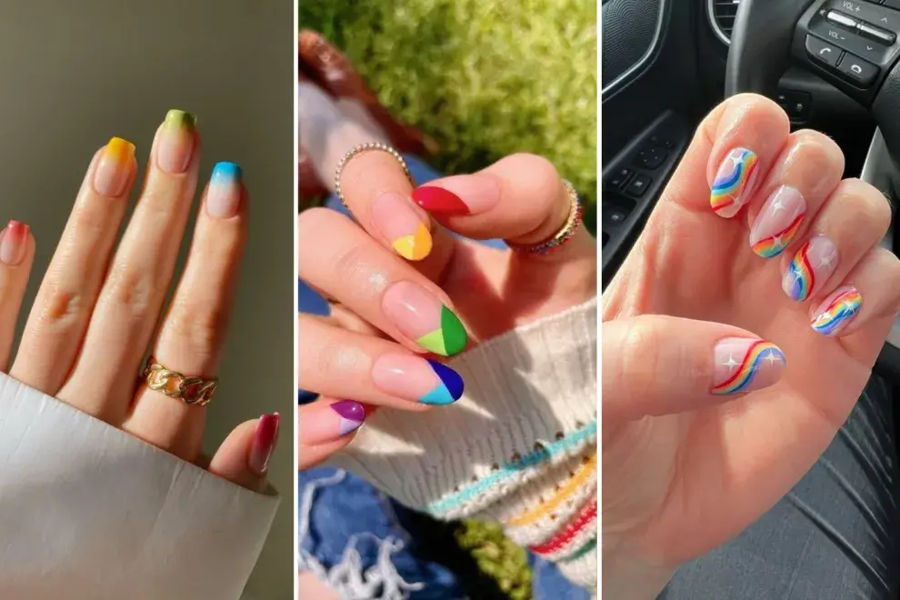 Las uñas se pintan con los colores del arcoiris en diseños lúdicos y divertidos.