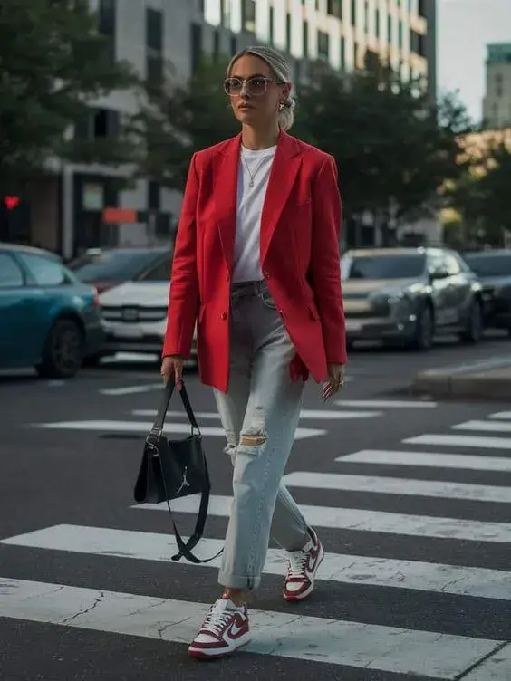 Mujer en la calle usando zapatillas tendencia.