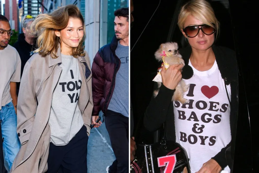 Zendaya y Paris Hilton usando remeras con frases.