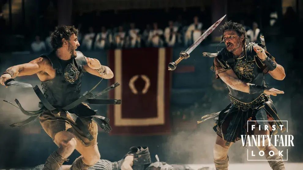 Fotografía de una de las escenas de Paul Mescal y Pedro Pascal en Gladiador 2.