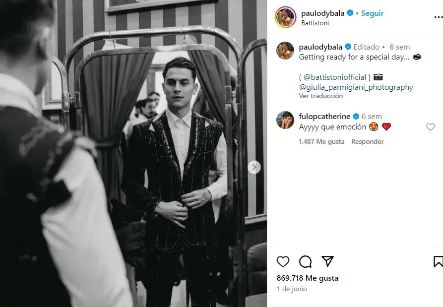 Paulo Dybala muestra su traje de boda en Instagram.