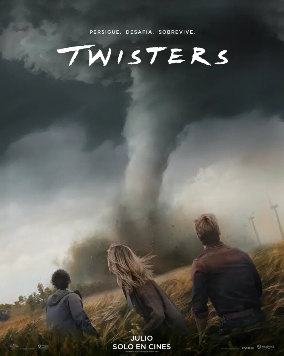 Glen Powell, Daisy Edgar-Jones y Anthony Ramos en el póster de Tornados.