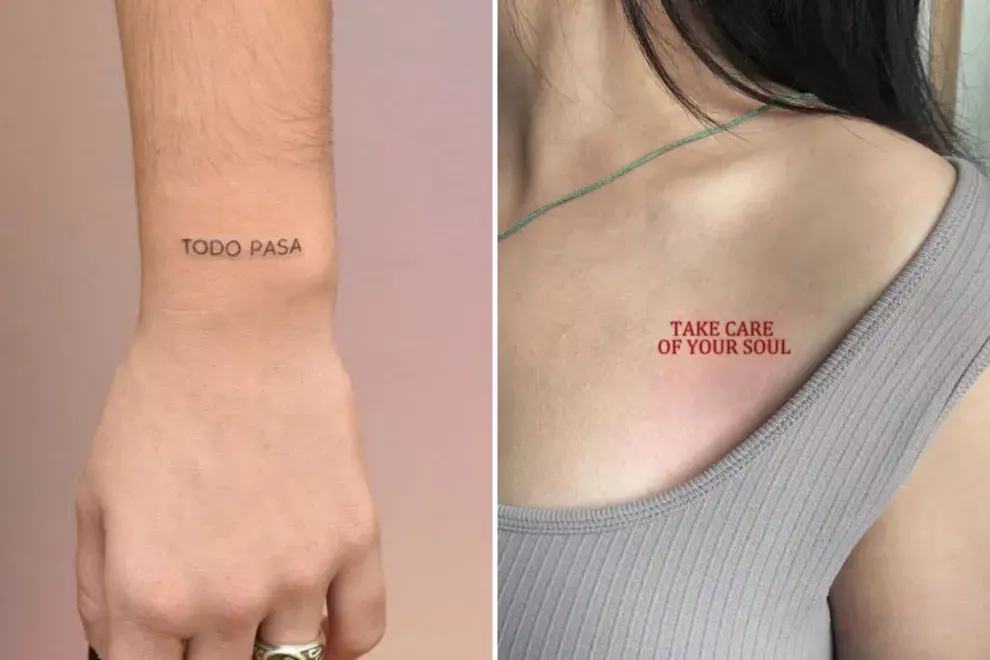 Dos diseños de tatuajes, uno dice "todo pasa" y el otro, "take care of your soul"