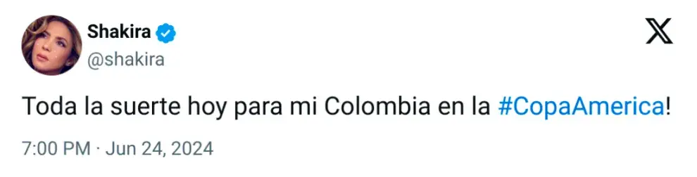 Posteo de Shakira en apoyó a la Selección de fútbol de Colombia en sus redes sociales.