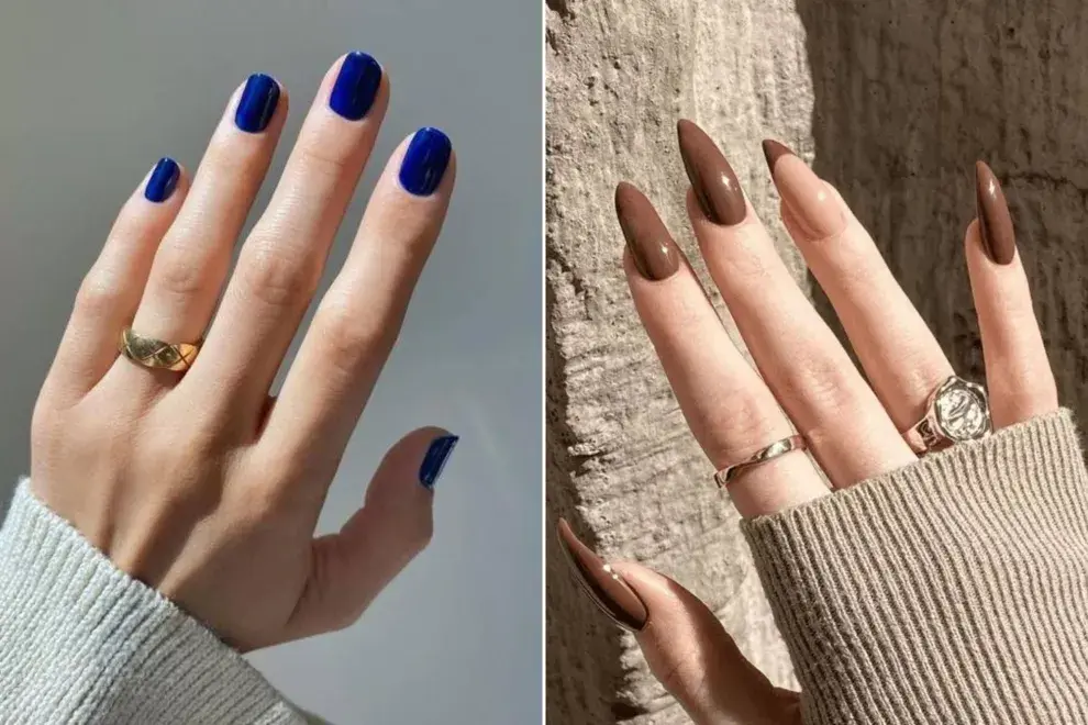 Manos con uñas en azul y marrón