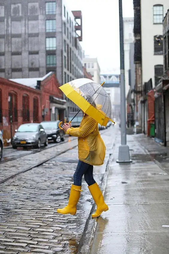 Foto de una mujer en la calle usando piloto, paraguas y botas de lluvia en color amarillo.