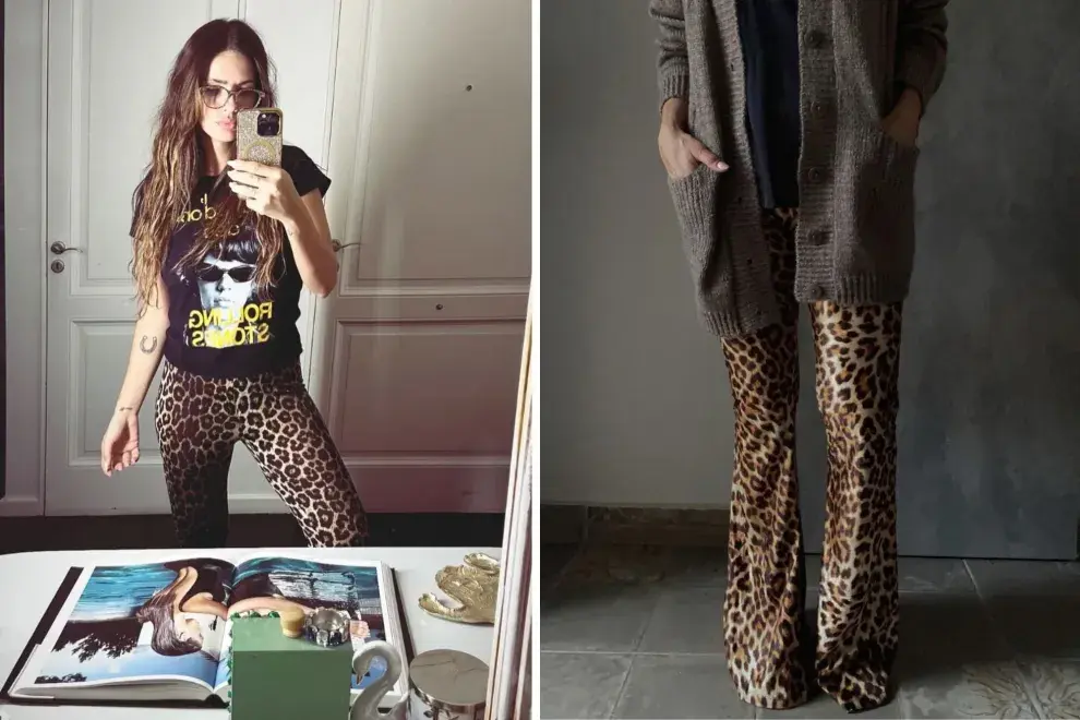 Una foto de la China Suárez y de una modelo mujer usando calzas animal print.