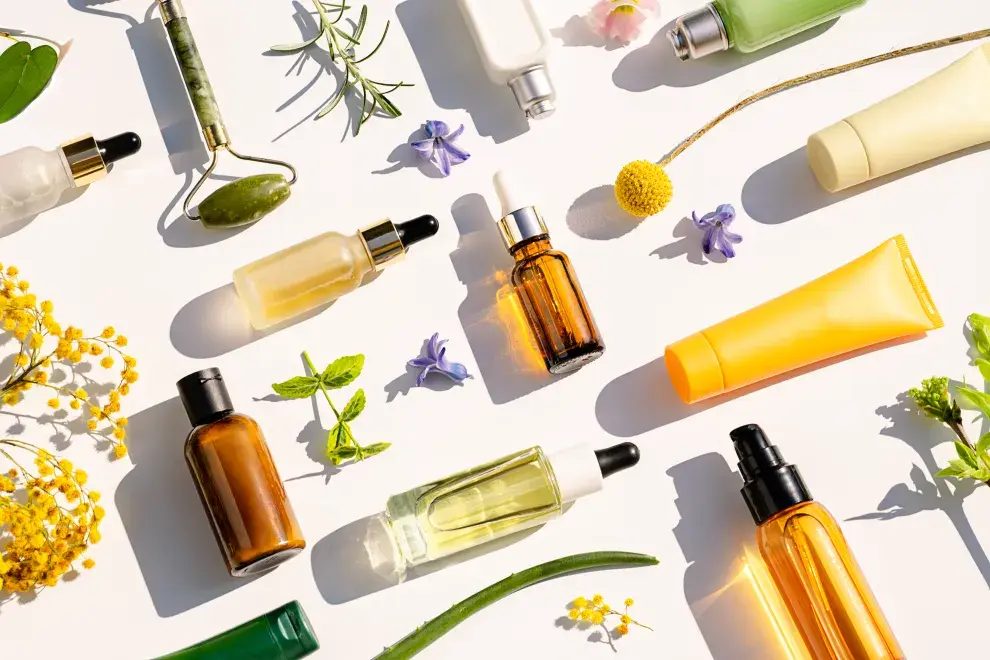 Plantas y frascos de skincare.