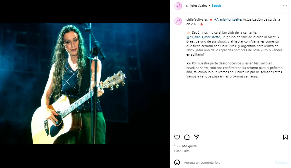 Captura del posteo de @chilefestivales sobre la posible visita de Alanis Morissette a la Argentina.