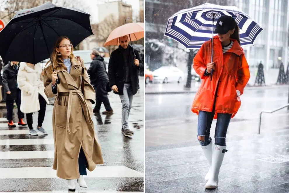 Dos fotos de dos mujeres en la calle en un día de lluvia.