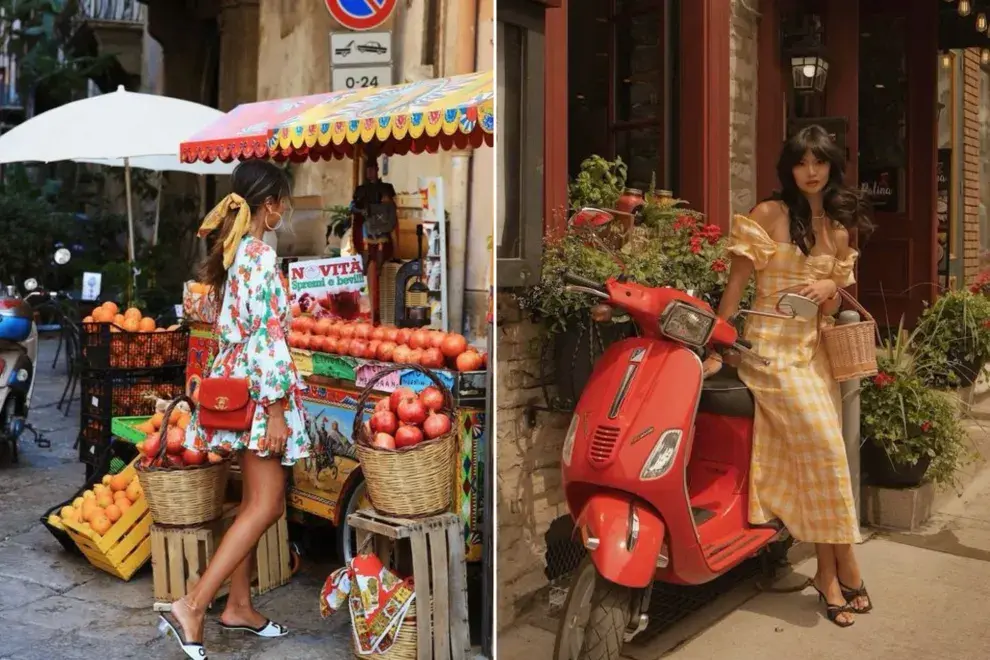 Dos fotos de mujeres en la calle vistiendo el estilo tomato girl.