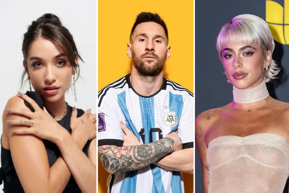 Armado con fotos de María Becerra, Messi y Tini.