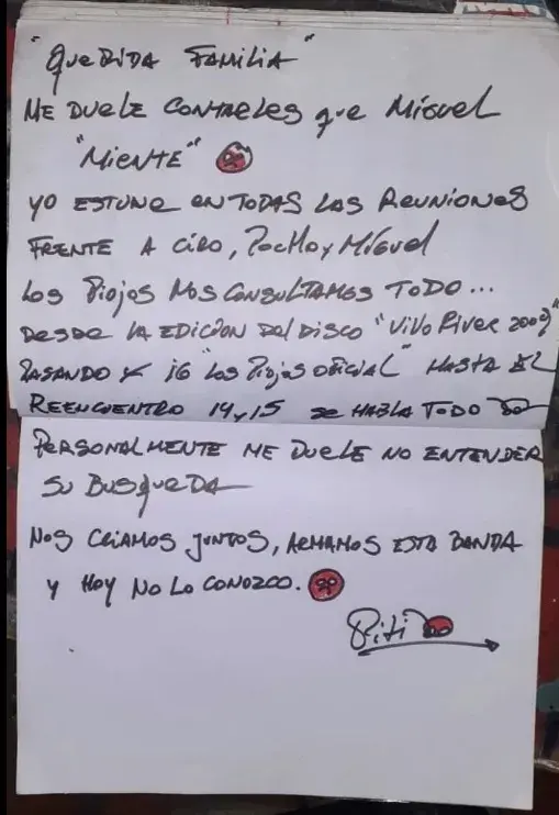 Foto de  la carta con la que Piti Fernández le responde a Micky Rodríguez.