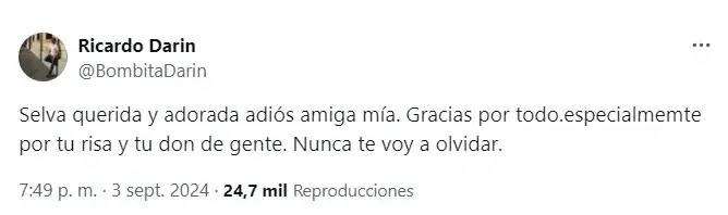 El tuit de Ricardo Darín por la muerte de Selva Alemán.