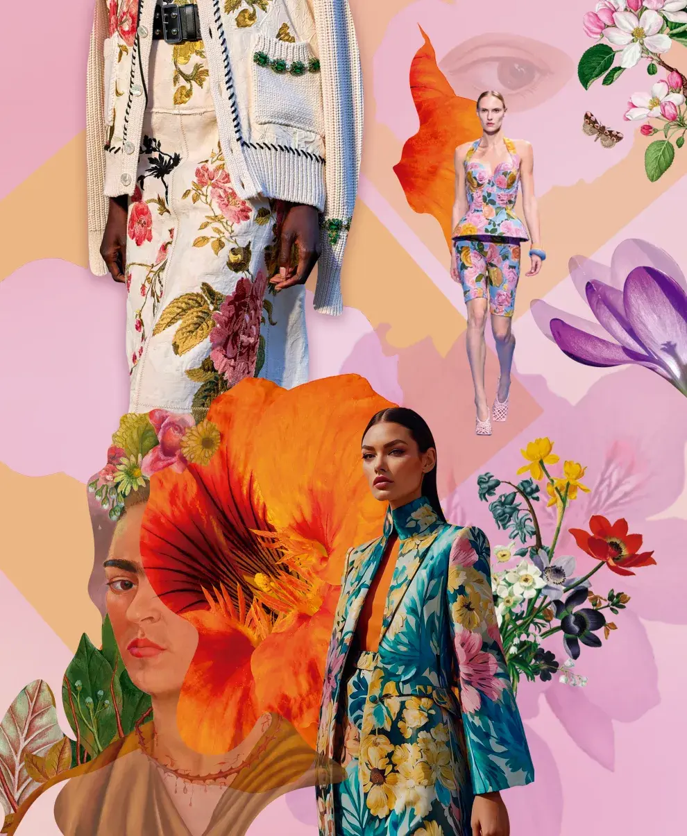 Collage de mujeres con estampado floral.