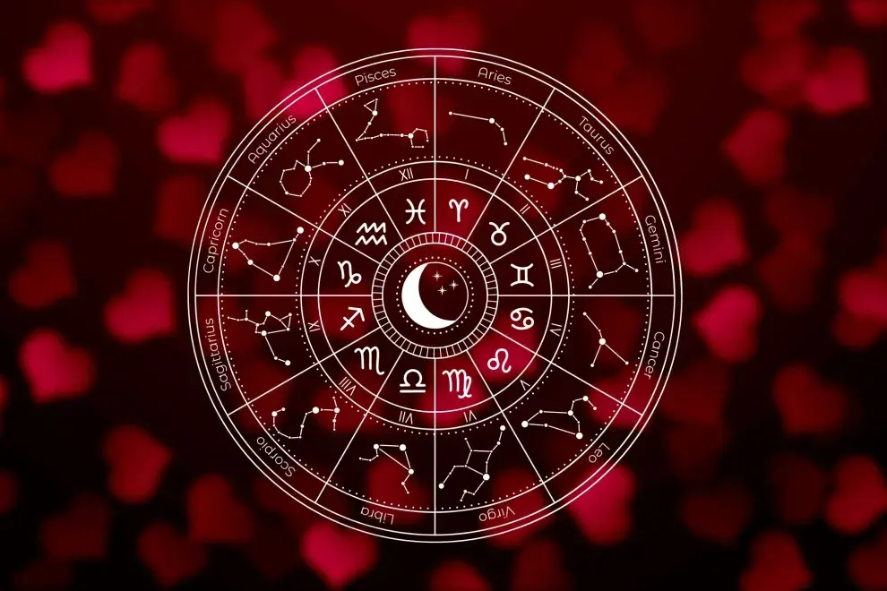 La rueda zodiacal, con los símbolos de los 12 signos astrales y un fondo de corazones.