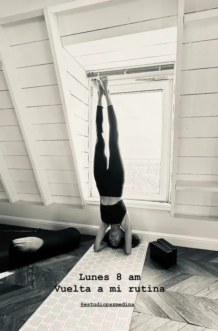 Juliana realiza una perfecta vertical sobre la ventana del estudio, desafiando la gravedad con gracia