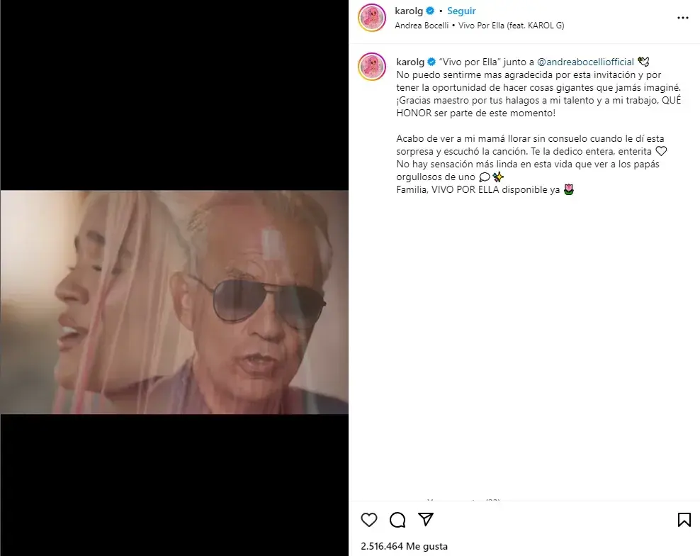 Captura de IG donde Karol G anuncia su colaboración con Andrea Bocelli.