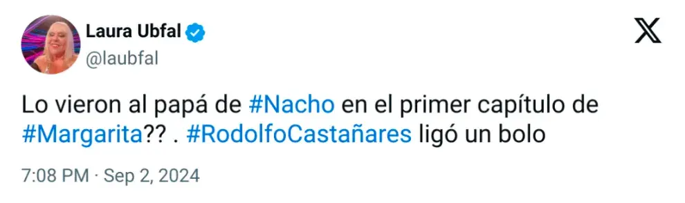 Captura del Tweet de Laura Ubfal sobre el cameo de Rodolfo Castañares Pose en Margarita.