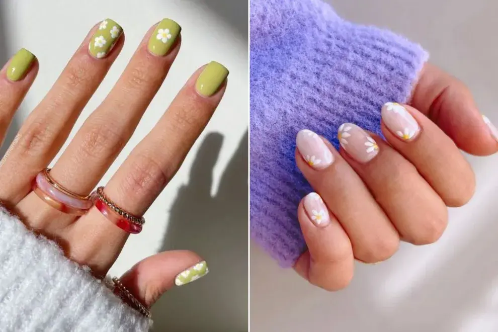 Dos fotos de manos de mujeres usando diseños de uñas con margaritas.