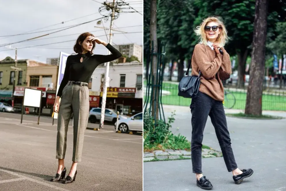 Dos mujeres en la calle usando pantalones cigarette.