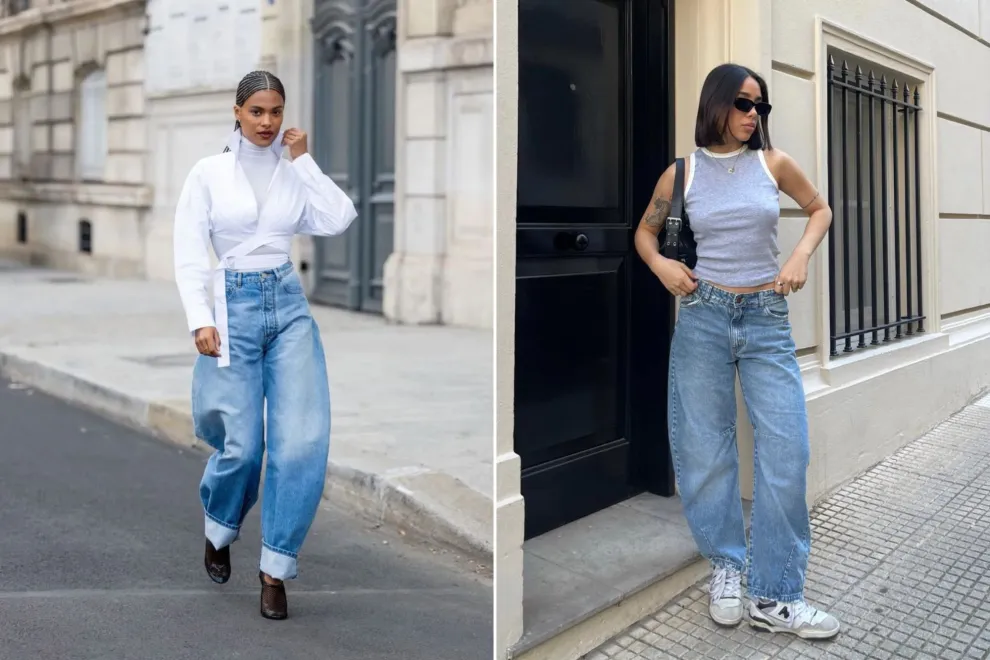 Dos fotos de mujeres usando jean con corte barrel.