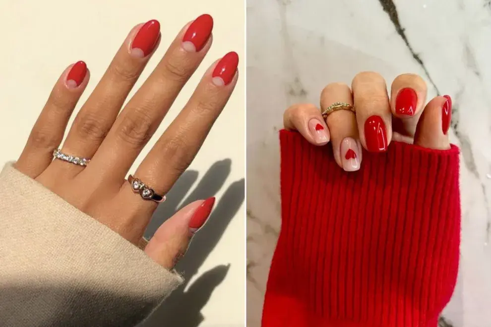 Dos fotos de dos manos con nail art rojo.