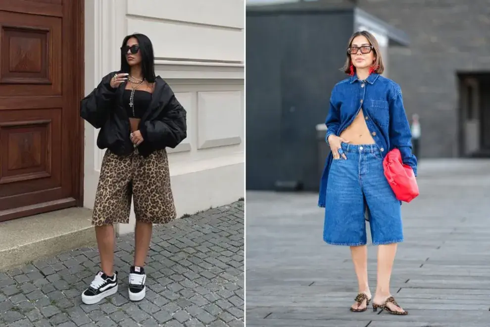 Dos fotos de mujeres en la calle usando bermudas.