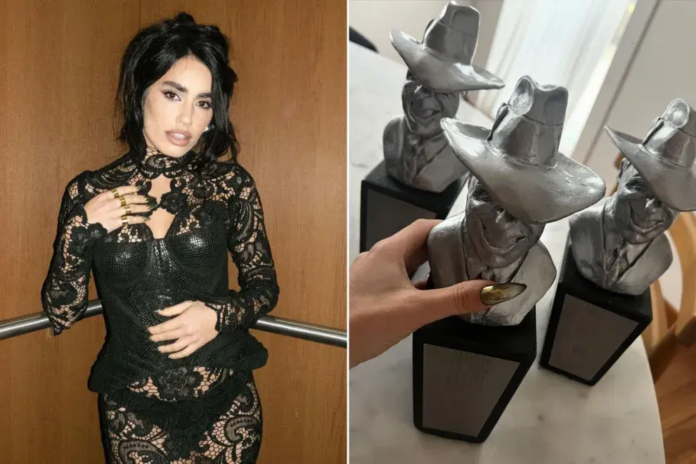 Una foto de Lali en los premios Gardel y una foto de las uñas de Lali con los premios Gardel en la mano.