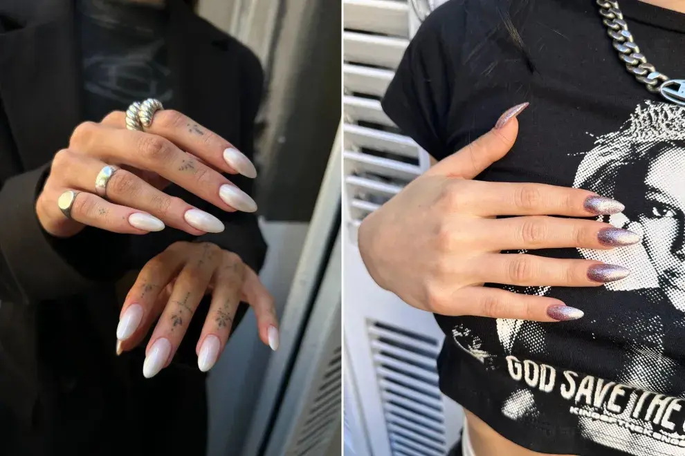 Dos fotos de manos de mujeres con manicura hecha.