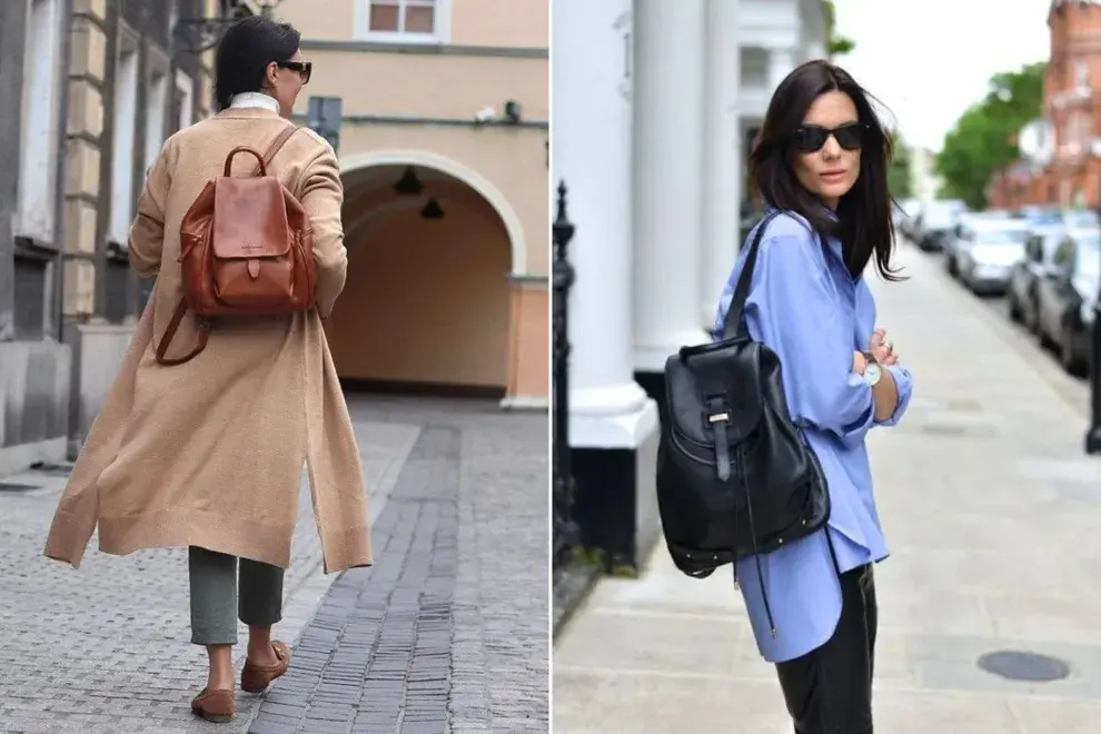 Dos fotos de mujeres en la calle usando carteras elegantes.