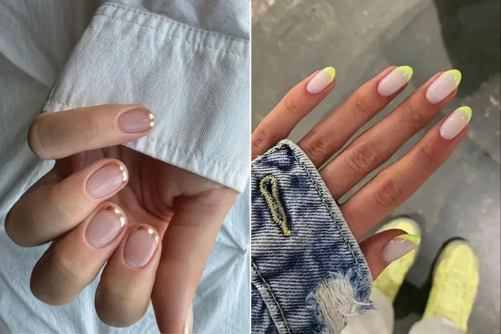 Dos fotos de manos con manicura francesa en colores.