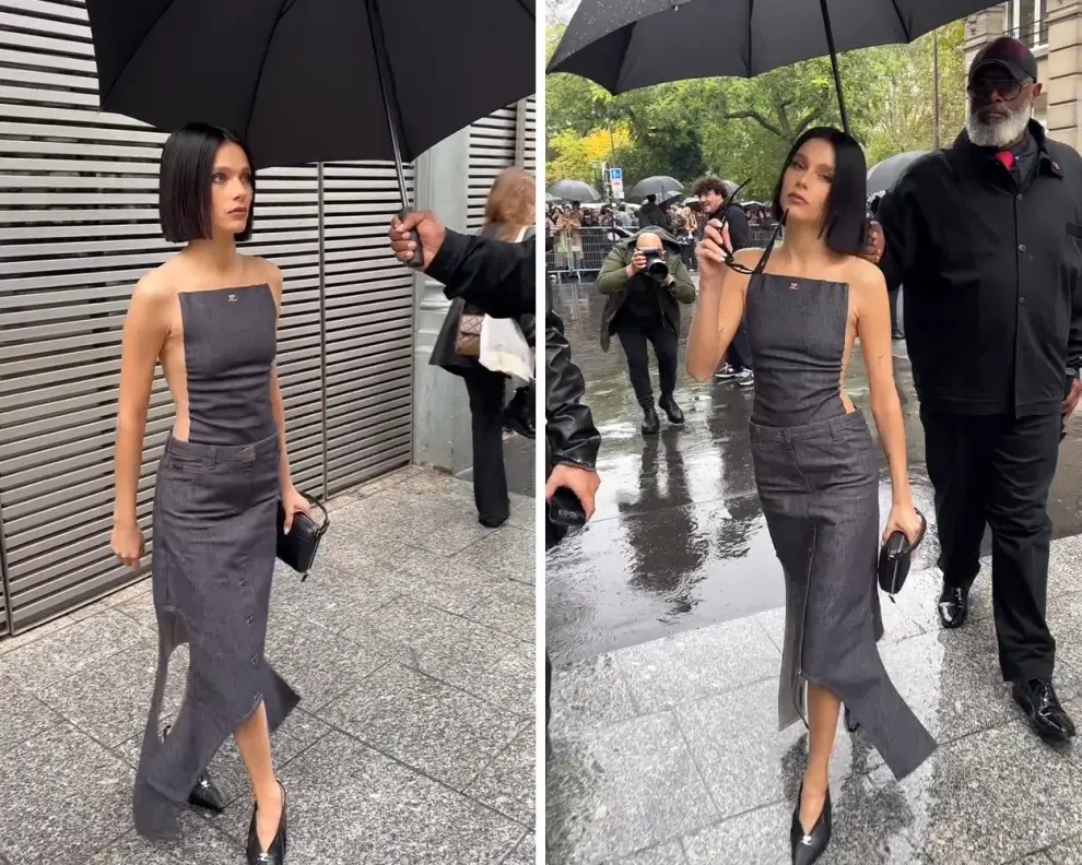 Valentina Zenere con un vestido gris en las calles de Paris