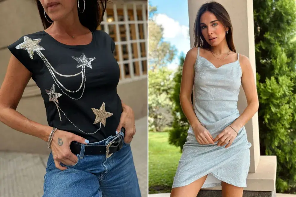 Dos fotos de modelos mujeres con ropa con brillos de Avellaneda.