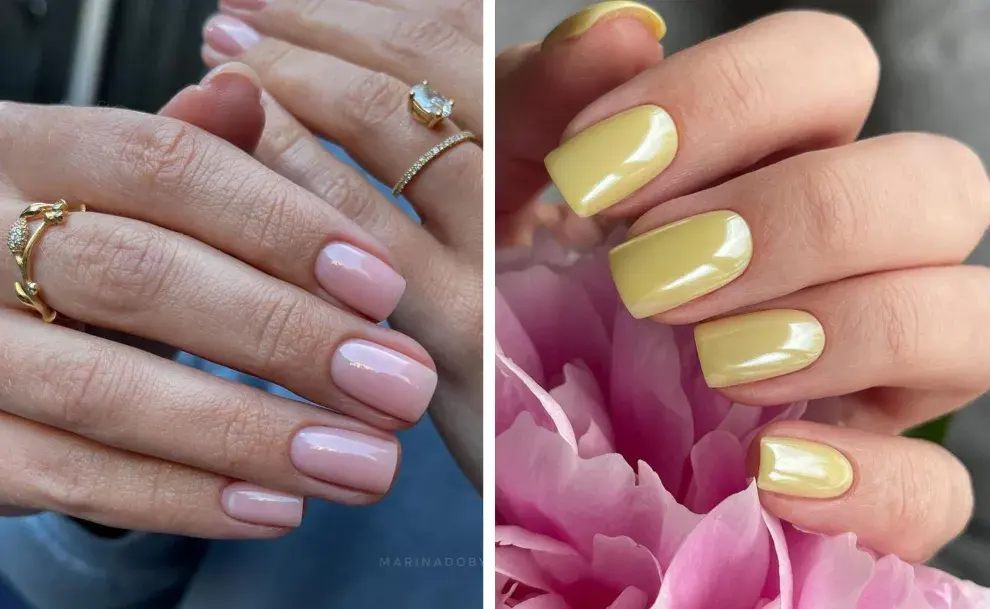 Dos manos con las uñas recién hechas. Unas en color nude y otras en amarillo