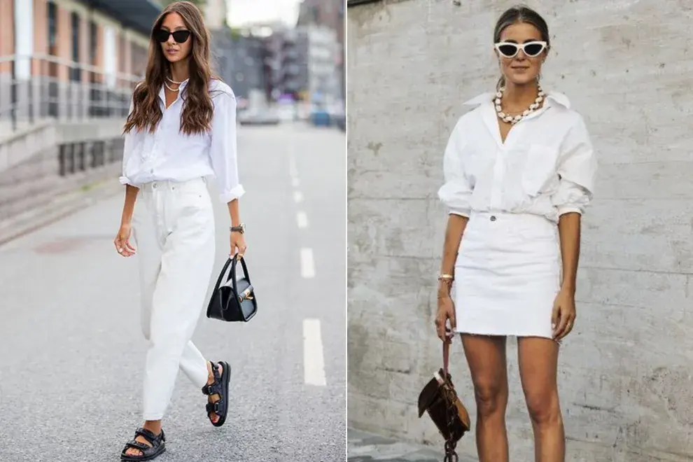 Dos fotos de mujeres en la calle usando camisas blancas.